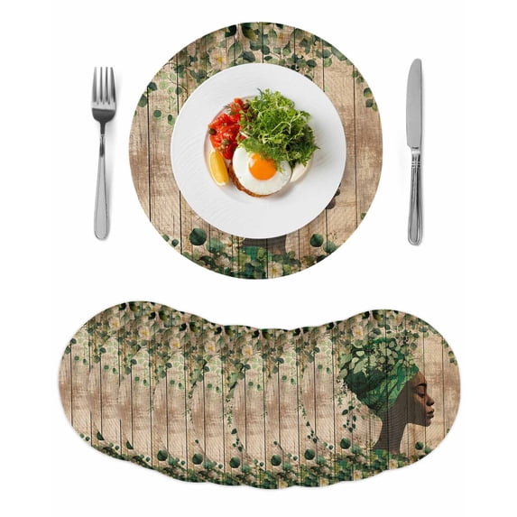 Sage Green Black Women Round 13 Inch Placemats Set of 8, Spring Eucalyptus Brown Wooden HeatResistant Non Slip Place Mats for Dining Table, Wipeable Braided Kitchen Table Mats for Housewarming