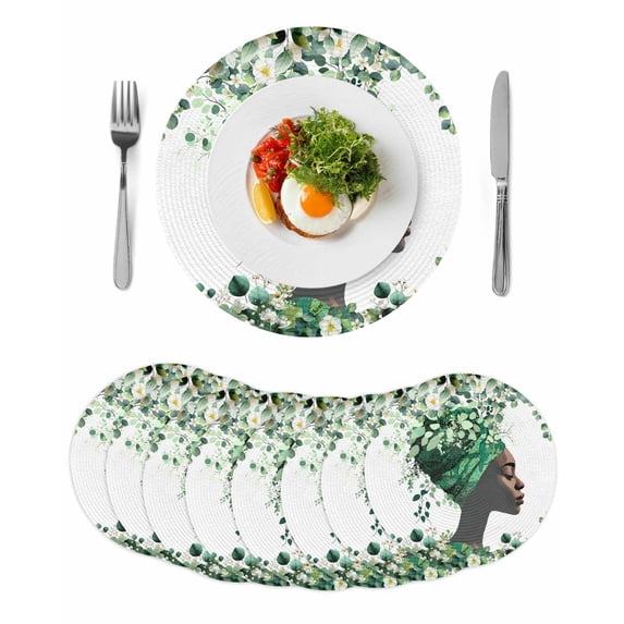 Sage Green Black Women Round 13 Inch Placemats Set of 8, Spring Eucalyptus Leaves HeatResistant Non Slip Place Mats for Dining Table, Wipeable Braided Kitchen Table Mats for Housewarming