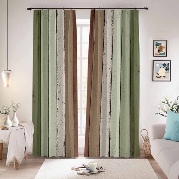 Sage Green Blackout Curtains for Bedroom/Living Room, Pinch Pleated Black Out Curtains, Farmhouse Wood Grain Vintage Brown Striped Room Darkening Window Drapes with Hooks 2 Panels, 39"x70"