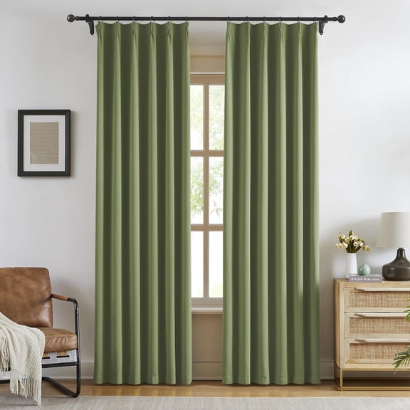 Sage Green Blackout Pleated Curtains 90" Long, Pinch Pleat Thermal Insulated Light Blocking Drapes, 2 Panels, 40" x 90"