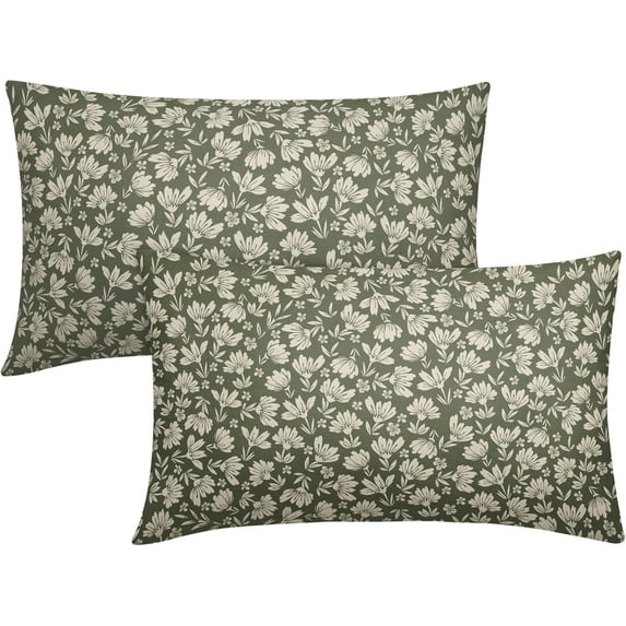Sage Green Block Print Lumbar Pillow Covers 12x20 Inch Set of 2, Rustic Cottage Style Cream Floral Decorative Throw Pillow Cases Cushion Covers Vintage Decoration Gift Farmhouse Sofa Couch Bed Decor
