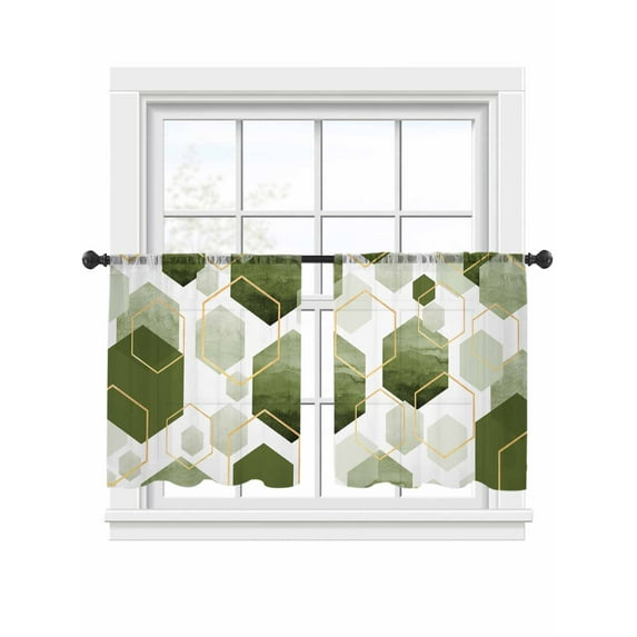 Sage Green Blocks Sheer Curtains for Living Room Bedroom, Light-filtering Sheer Curtain, Modern Art Yellow Line Decor Light-Rod Pocket Voile Window Treatment Drapes, 52’’Wx45’’L, 2 Panels Set