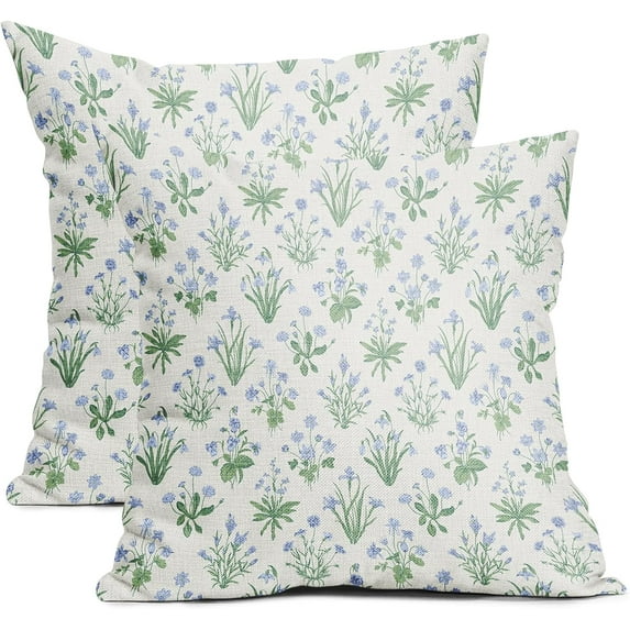 Sage Green Blue Block Print Pillow Covers 18x18 Set of 2 Decorations Vintage Floral Throw Pillow Covers Decor Cozy Soft Rustic Pillowcases Farmhouse Flower Printed for Sofa Bed Home Decorative