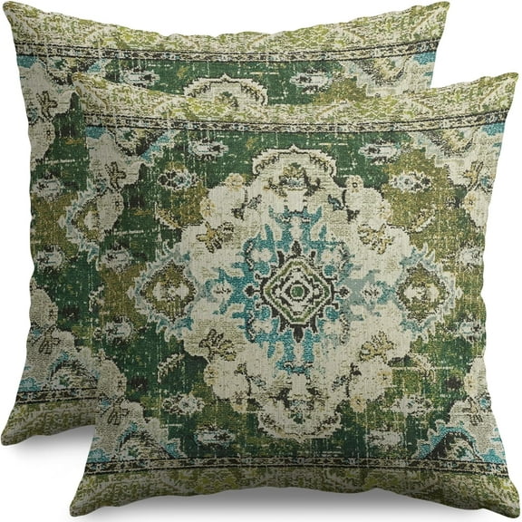 Sage Green Blue Boho Throw Pillow Covers 20x20 Set of 2 Vintage Carpet Bohemian Floral Pattern Decorative Pillow Cases Outdoor Farmhouse Decoration for Sofa Couch Bed