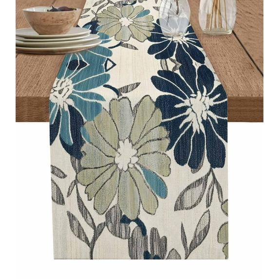 Sage Green Blue Floral Burlap Cotton Table Runner 13x90 Inches Long, Vintage Beige Botanical Farmhouse Table Runners, Outdoor Dining Tablecloths Decor for Baby Shower/Party/Wedding