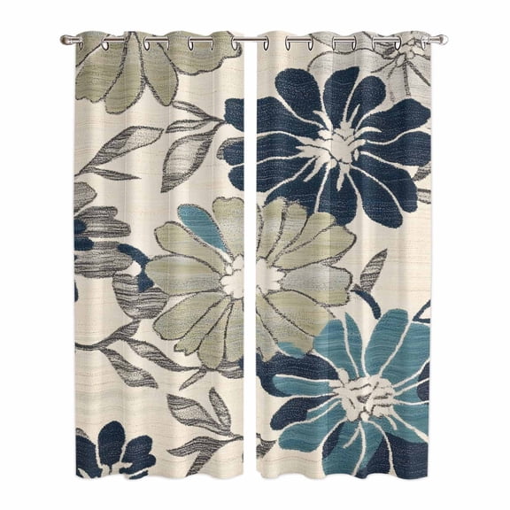 Sage Green Blue Floral Kitchen Curtains 84 Inch Length, Vintage Beige Botanical Grommet Top Bedroom Living Room Curtains, Light Filtering Cafe Curtain Drapes 2 Panels Set 84''x84''