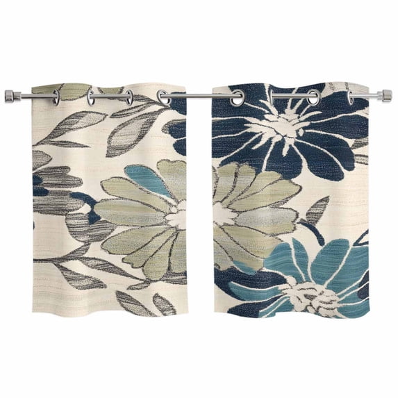 Sage Green Blue Floral Kitchen Curtains Small Short 39 Inch Length, Vintage Beige Botanical Grommet Top Bedroom Living Room Curtains, Light Filtering Cafe Curtain Drapes 2 Panels Set 55''x39''