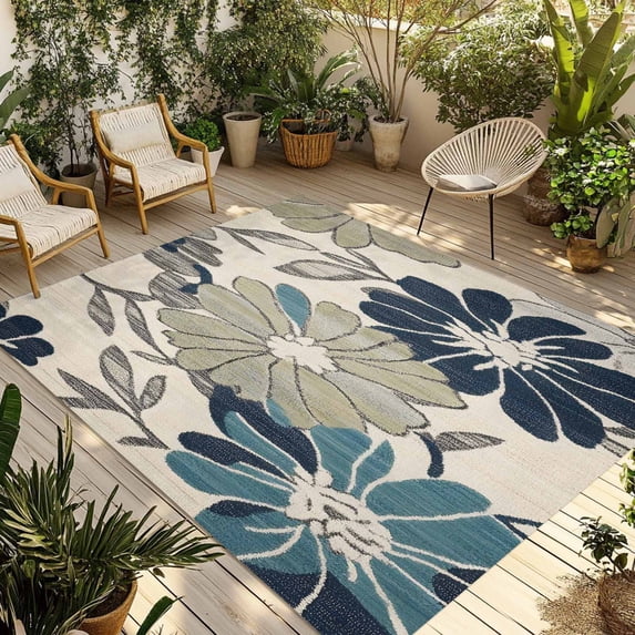 Sage Green Blue Floral Outdoor Rug 5x8 Ft - Reversible Patio Rug Outdoor Camping Rugs, Vintage Beige Botanical Washable Indoor Outdoor Area Rugs, Non-Slip Outdoor Carpet Runner for Deck/Porch
