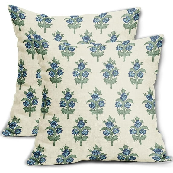 Sage Green Blue Floral Pillow Covers 16x16 Set of 2 Spring Flower Leaves Print Decorative Throw Pillow Cases Outdoor Farmhouse Decoration for Sofa Couch Bed