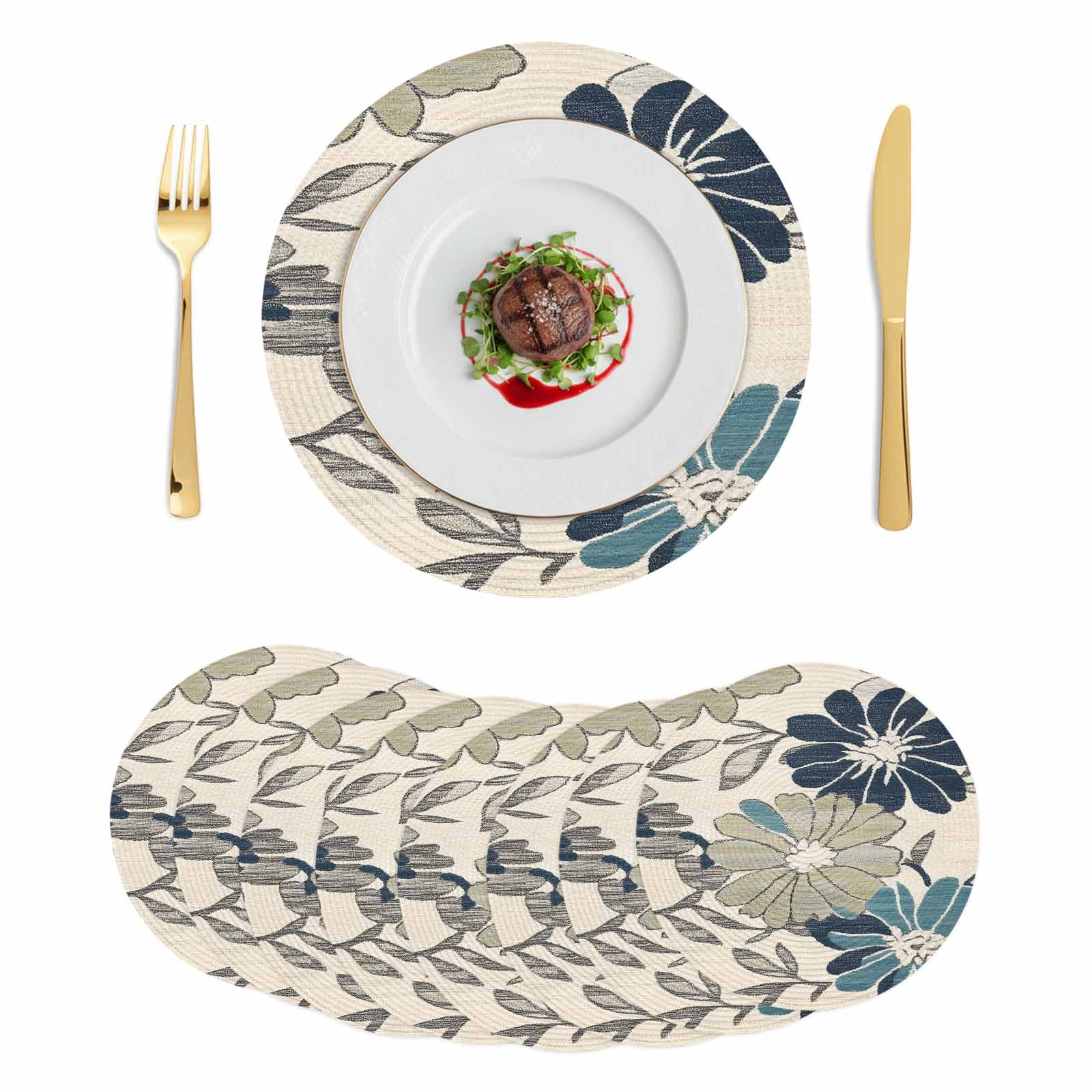 Sage Green Blue Floral Round 13 Inch Placemats Set of 8, Vintage Beige ...