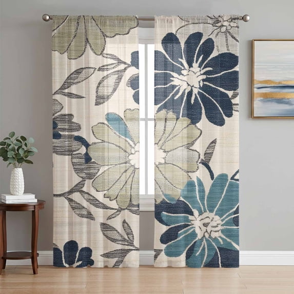 Sage Green Blue Floral Sheer Curtains 63 Inch Length 2 Panels Set, Vintage Beige Botanical Voile Window Treatment Rod Pocket Curtains Sheers Drapes for Bedroom/Living Room/Kitchen 52x"63"x2