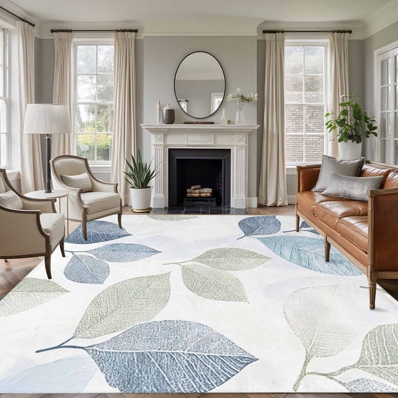 Sage Green Blue Leaves 5'x7' Area Rug, Vintage Rustic Botanical Washable Non-Slip Soft Rugs, Low-Pile Large Carpet for Living Room Bedroom Dining Room, Non-Shedding Accent Rug