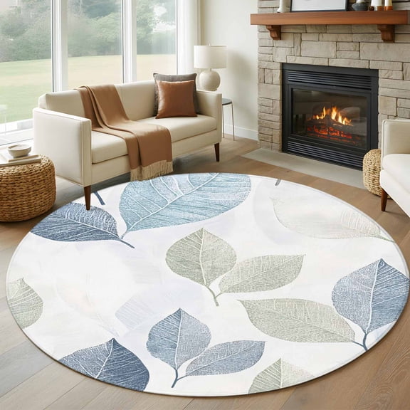 Sage Green Blue Leaves 6ft Round Rugs, Vintage Rustic Botanical Washable Non-Slip Area Rugs for Living Room Bedroom Kitchen, Soft Low Pile Dining Room Kicthen Circle Carpet, Indoor Floor Rug