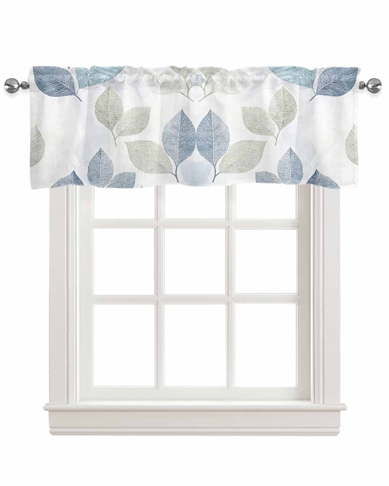 Sage Green Blue Leaves Kitchen Valances for Windows Farmhouse Linen Window Valance Curtain for Living Room Window Treatment Vintage Rustic Botanical Valance Rod Pocket Topper Drape, 54 x 18 Inch
