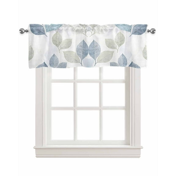 Sage Green Blue Leaves Kitchen Valances for Windows Farmhouse Linen Window Valance Curtain for Living Room Window Treatment Vintage Rustic Botanical Valance Rod Pocket Topper Drape, 54 x 18 Inch