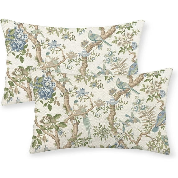 Sage Green Blue Pillow Covers 12x20 Inch 2 Pcs Spring Floral Bird Chinoiserie Decor Throw Pillows Vintage Flower Seasonal Outdoor Decoration Lumbar Pillowcase Linen Cushion Cover for Couch Sofa