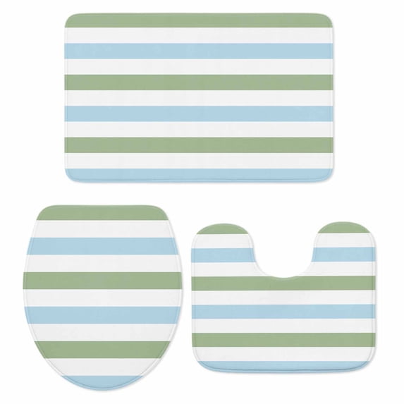 Sage Green Blue Striped Bath Mat 3 Piece Bathroom Rug Set, Farmhouse Sage Green Stripes Non Slip Bath Rug Contour Mat and Toilet Lid Cover, Absorbent Shower Mats Soft Bath Rugs and Mats Sets