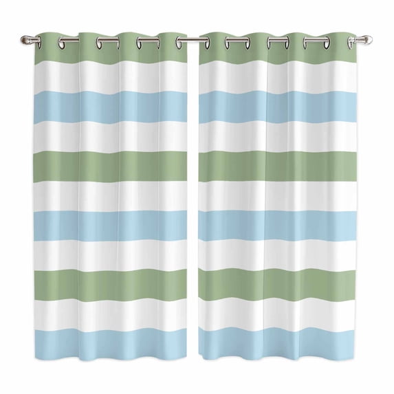 Sage Green Blue Striped Kitchen Curtains 84 Inch Length, Farmhouse Sage Green Stripes Grommet Top Bedroom Living Room Curtains, Light Filtering Cafe Curtain Drapes 2 Panels Set 104''x84''