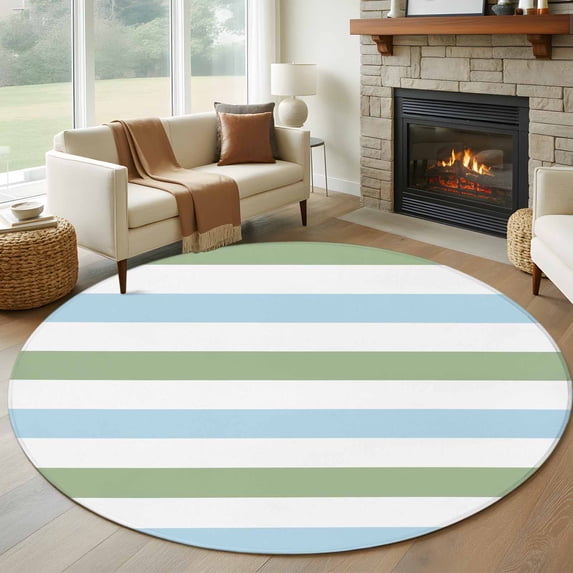 Sage Green Blue Striped Round Area Rug 7 FT, Non Slip Living Room Area Carpet, Farmhouse Sage Green Stripes Washable Soft Circular Rug Non-Shedding Floor Carpet for Bedside Office Play Room Classroom