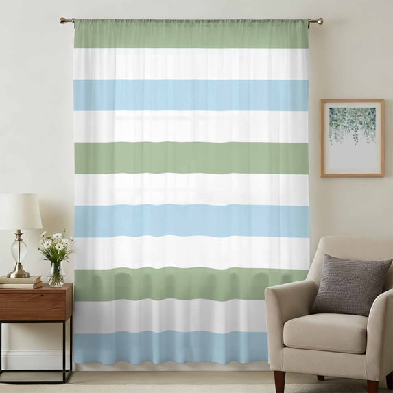 Sage Green Blue Striped Sheer Curtains 45 Inches Long, Farmhouse Sage Green Stripes Light Filering Curtains, Breathable Simi Curtain Privacy Drapes for Kitchen Bathroom Small Window Treatment