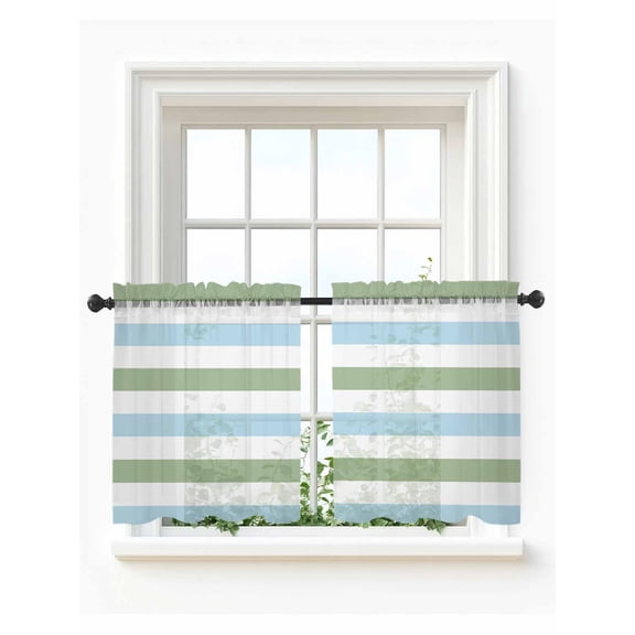 Sage Green Blue Striped Tier Curtains 24 Inch Length,Sheer Curtains for Bedroom Living Room Window Farmhouse Sage Green Stripes Voile Drapes Kitchen Curtains Small Half Window 27.5"x24" 2 Panels