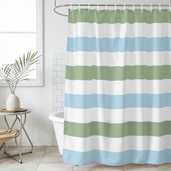 Sage Green Blue Striped Waterproof Shower Curtain, Stall 36"x72" Washable Polyester Fabric Shower Curtains for Bathroom, Farmhouse Sage Green Stripes Decorative Bathtub Curtain Sets with Hooks
