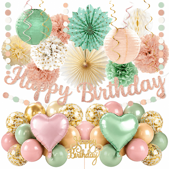 Sage Green Blush-Pink Birthday Decorations for Women Girls, Cream Light Beige Happy Banner, Paper Lanterns Pom Poms, Olive Green Dusty Pink Balloons, Boho Fairy Anniversary Princess Party Dcor