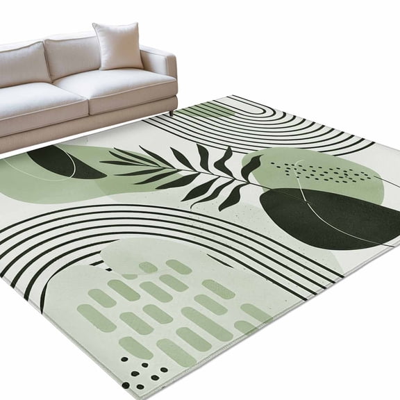 Sage Green Bohemian 6x9ft Non Slip Area Rug Abstract Geometric Black Lines Leaves Washable&nbsp;Soft Area Rugs for Living Room, Indoor&nbsp;Circle Carpet for Bedroom Dining Room Kitchen