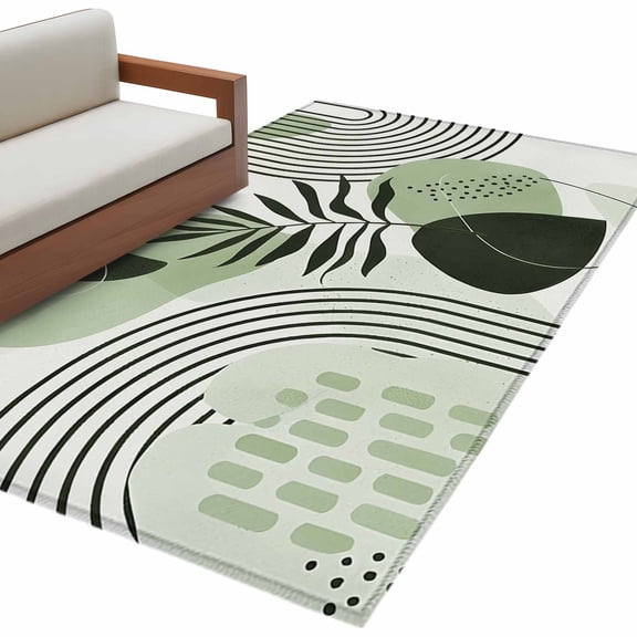 Sage Green Bohemian Washable Area Rug 4 x 6 ft Abstract Geometric Black Lines Leaves, Soft Non Slip Rugs Stain Repellent Indoor Felt Carpet for Living Dining Room Bedroom Home Office