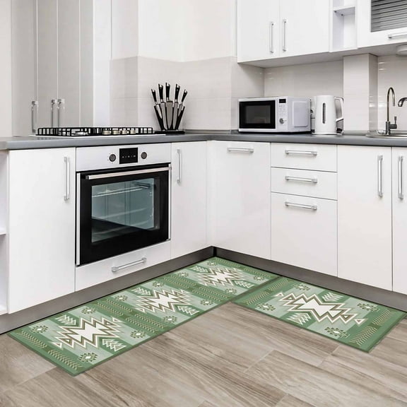 Sage Green Boho 2 Pieces Non-Slip Kitchen Mat Set American Native Southwest Abstract Art Soft Door Mat with Rubber Backing,Dirtproof Rugs for Entrance Doorway 23.6x35.4in+23.6x70.9in
