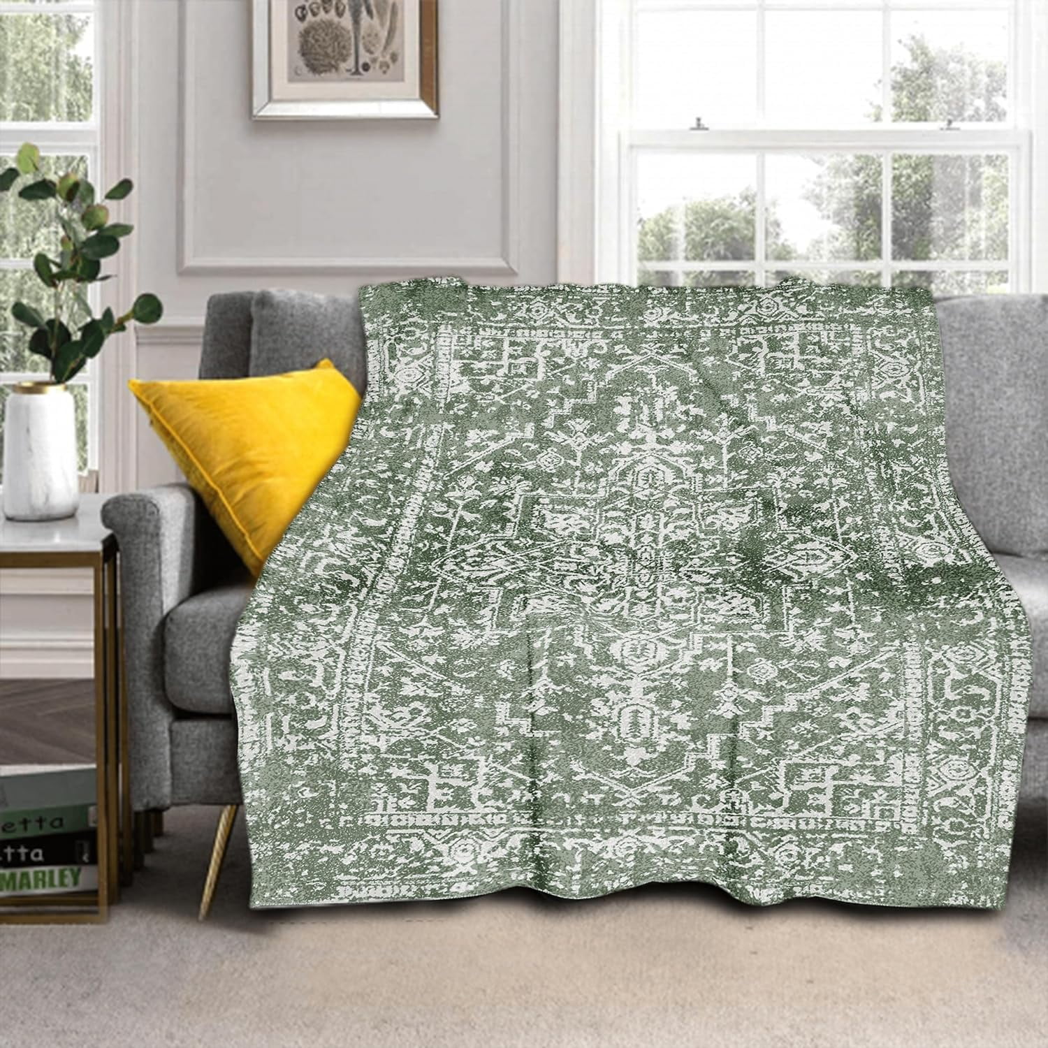 Sage Green Boho Blanket Soft Flannel Lightweight Retro Bohemian Throw Blanket Cozy Warm Vintage Aztec Geometric Blankets All Seasons Living Room Decor