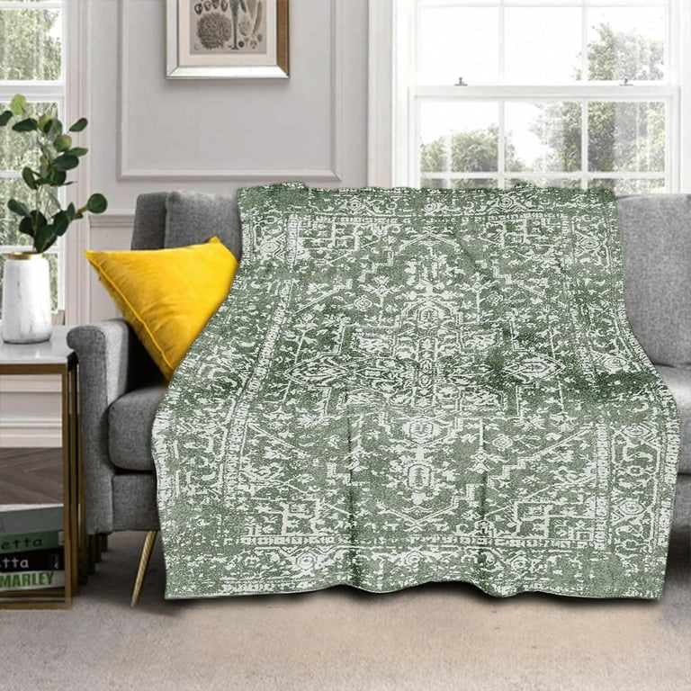 Sage Green Boho Blanket Soft Flannel Lightweight Retro Bohemian Throw Blanket Cozy Warm Vintage Aztec Geometric Blankets All Seasons Living Room Decor