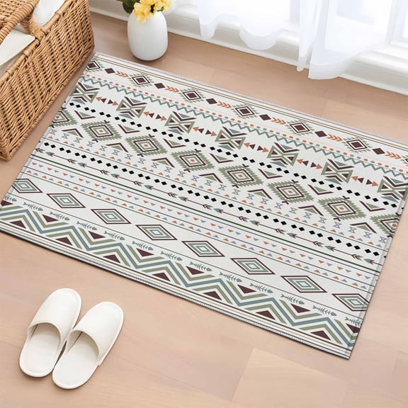 Sage Green Boho Entryway Rug 2'x3' Non Slip Front Door Mats, Vintage Ethnic Tribe Abstract Art Entrance Rugs Indoor Outdoor Carpet, Washable Floor Mats Small Area Rug for Bedroom Kitchen
