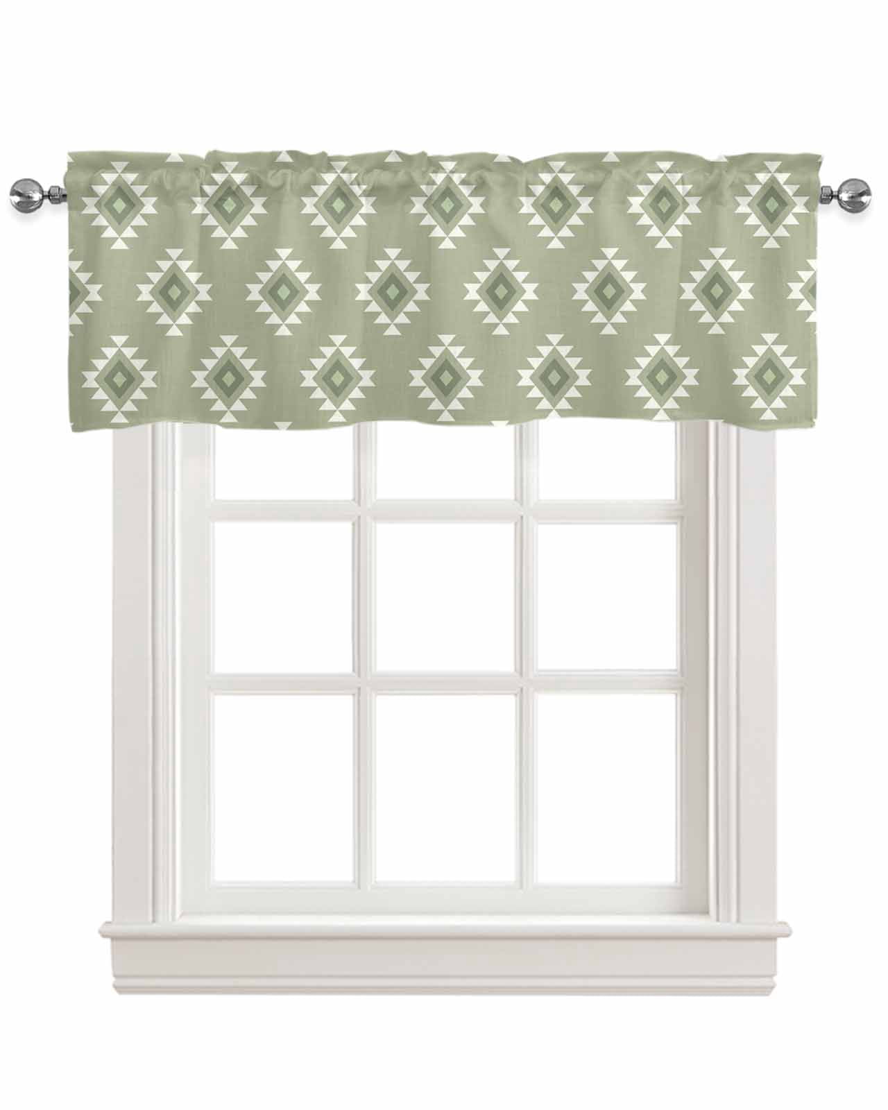 Sage Green Boho Geometric Kitchen Valances for Windows Farmhouse Linen Window Valance Curtain for Living Room Window Treatment Country Abstract Pattern Valance Rod Pocket Topper Drape, 60 x 18 Inch