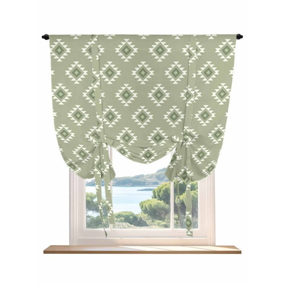 Sage Green Boho Geometric Tie Up Curtains for Windows 45 Inch Length Balloon Curtains Kitchen Adjustable Balloon Window Shade Country Abstract Pattern Tie Up Valance Bathroom Curtain Window 42"x45"