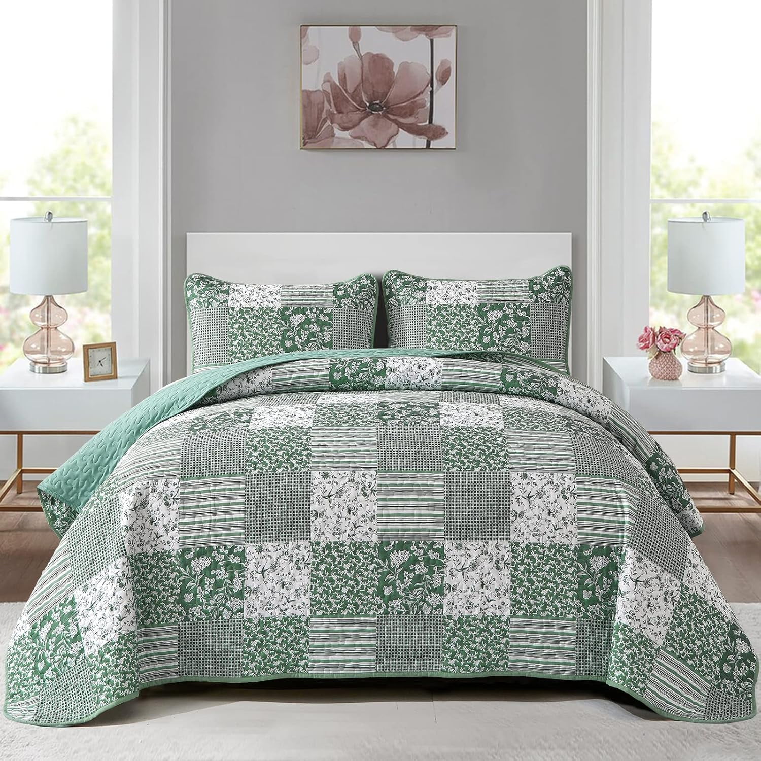 Sage Green Boho King Quilt Set, 3-Piece Reversible Soft Plaid Floral ...