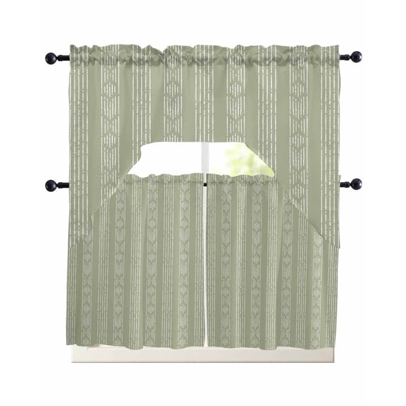 Sage Green Boho Kitchen Curtains Sets 24 Inch Length with Valance, Bohemian Geometric Stripes Tribe Farm Swag Valances and Tiers Curtain Set Drapes Swag Curtains for Living Room, Bathroom, Bedroom