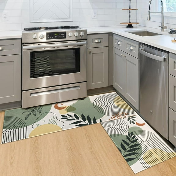 Sage Green Boho Kitchen Mats for Floor, Boho Modern Abstract Geometry Beige Kitchen Rugs Set of 2 Carpet Area Rug, Plant Sage Green Boho Kitchen Decor and Accessories Stuff, 17x30 and 17x47 Inch