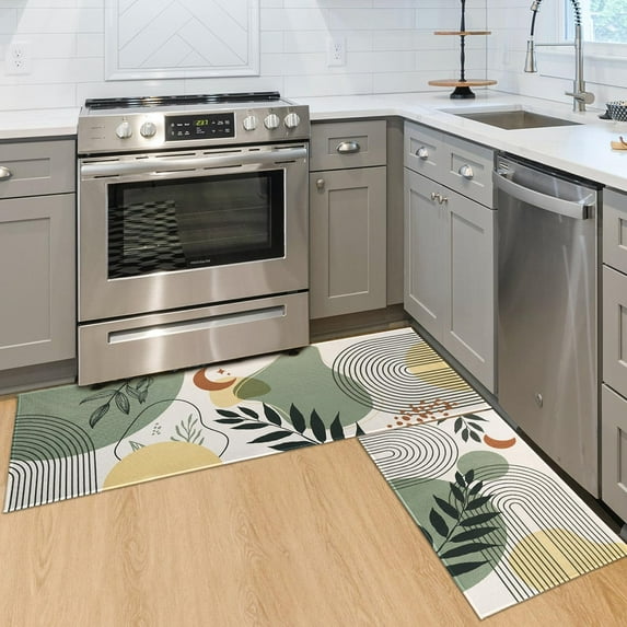 Sage Green Boho Kitchen Mats for Floor, Boho Modern Abstract Geometry Beige Kitchen Rugs Set of 2 Carpet Area Rug, Plant Sage Green Boho Kitchen Decor and Accessories Stuff, 17x30 and 17x47 Inch