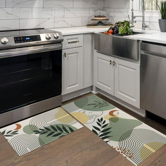 Sage Green Boho Kitchen Mats for Floor, Boho Modern Abstract Geometry Beige Kitchen Rugs Set of 2 Carpet Area Rug, Plant Sage Green Boho Kitchen Decor and Accessories Stuff, 17x30 and 17x47 Inch