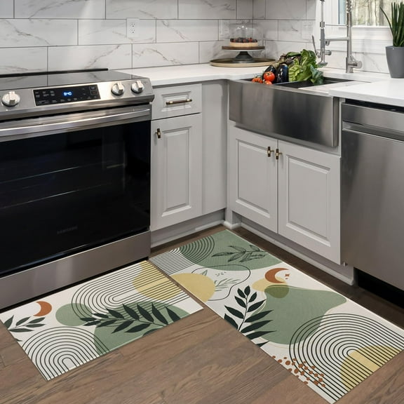 Sage Green Boho Kitchen Mats for Floor, Boho Modern Abstract Geometry Beige Kitchen Rugs Set of 2 Carpet Area Rug, Plant Sage Green Boho Kitchen Decor and Accessories Stuff, 17x30 and 17x47 Inch
