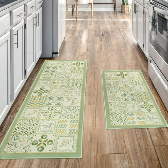 Sage Green Boho Kitchen Mats for Floor Set of 2, Leaves Geometric Abstract Kitchen Floor Mat Runner Carpet Beige Sage Green Decor and Accessories for Kitchen Home, 17x30 and 17x47 Inches