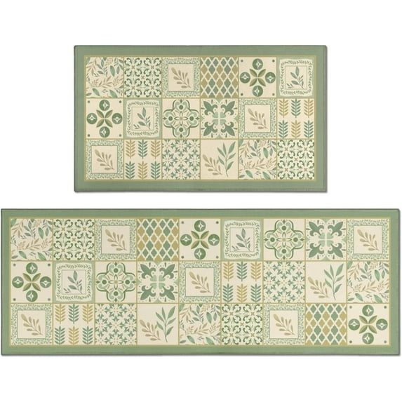 Sage Green Boho Kitchen Mats for Floor Set of 2, Leaves Geometric Abstract Kitchen Floor Mat Runner Carpet Beige Sage Green Decor and Accessories for Kitchen Home, 17x30 and 17x47 Inches