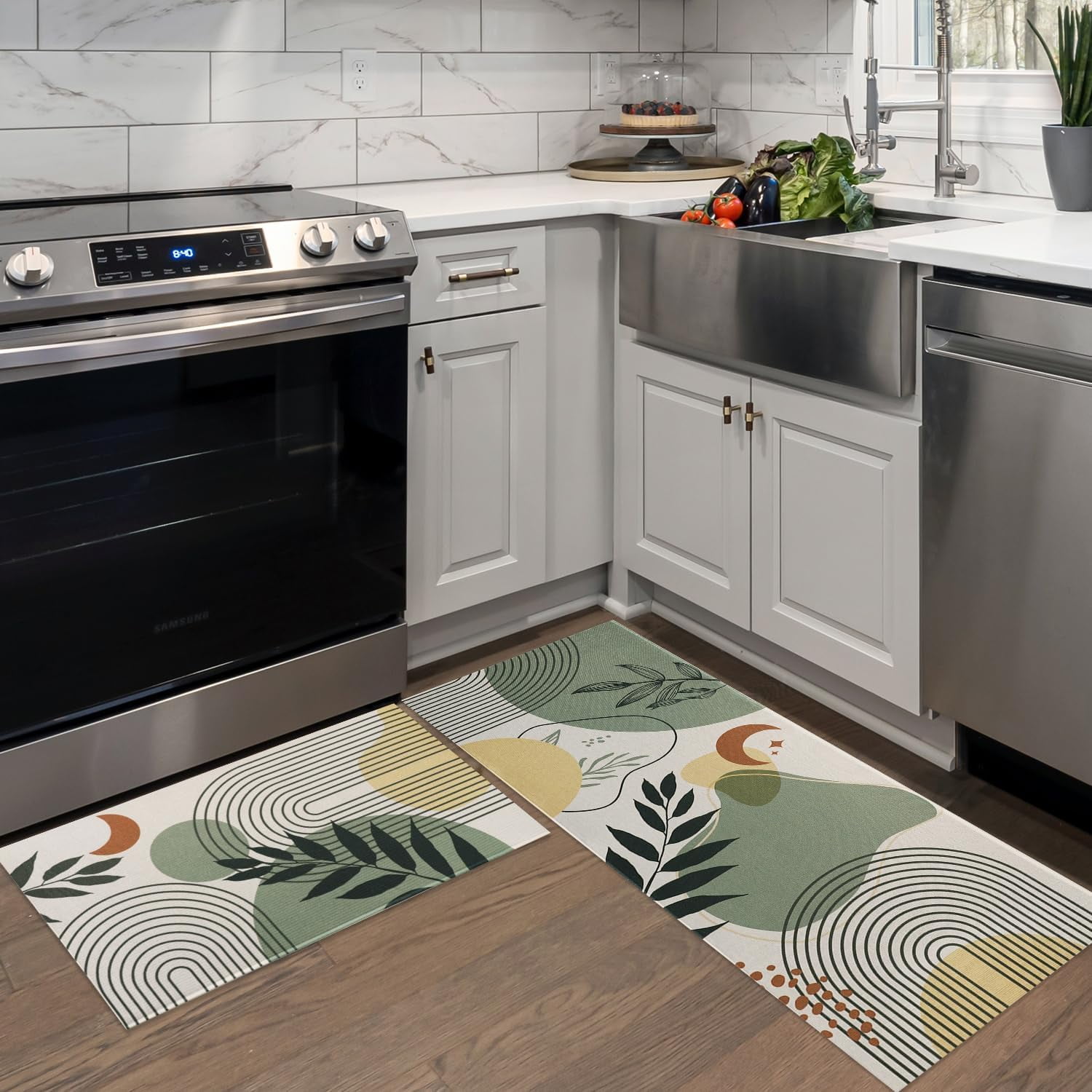 Sage Green Boho Kitchen Mats for Floor, boho Modern Abstract Geometry ...