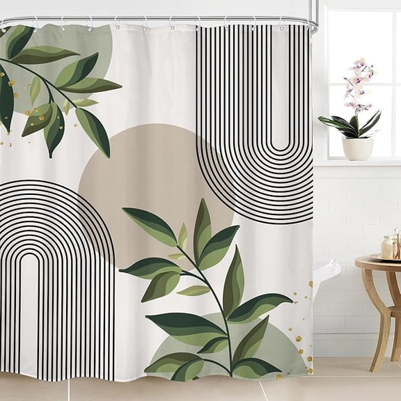 Sage Green Boho Mid Century Shower Curtain Abstract Gold Leaves Plant Sun Minimalist Arch Geometric Modern Art Line Bathroom Decor Neutral Bath Curtain Fabric Polyester 54"W x 72"L (Pack of 1)