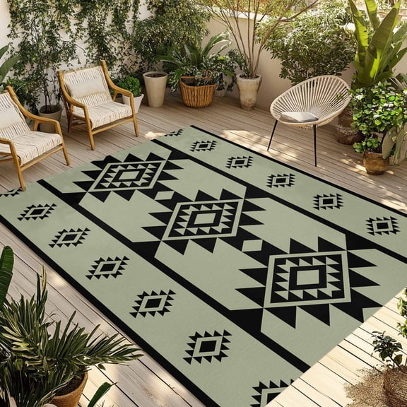 Sage Green Boho Outdoor Rug 3x5 Ft - Reversible Patio Rug Outdoor Camping Rugs, Southwest Aztec Abstract Geometric Washable Indoor Outdoor Area Rugs, Non-Slip Outdoor Carpet Runner for Deck/Porch