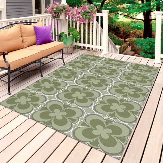 Sage Green Boho Outdoor Rug 5x7 Ft, Non Slip Washable Area Rug, Farmhouse Chic Abstract Patterned Patio Rugs Carpet Runner, Large Floor Mat for Indoor/Outdoor Deck Porch Camping