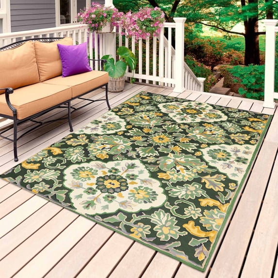 Sage Green Boho Outdoor Rug 5x8 Ft, Non Slip Washable Area Rug, Rustic Southwest Plants Motifs Patio Rugs Carpet Runner, Large Floor Mat for Indoor/Outdoor Deck Porch Camping