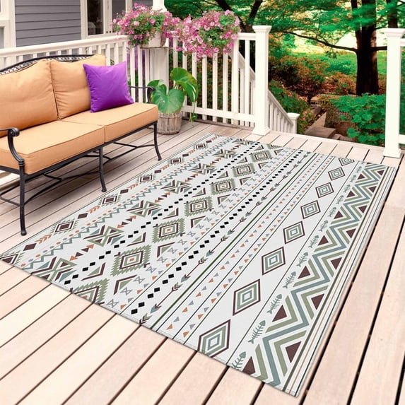 Sage Green Boho Outdoor Rug 5x8 Ft, Non Slip Washable Area Rug, Vintage Ethnic Tribe Abstract Art Patio Rugs Carpet Runner, Large Floor Mat for Indoor/Outdoor Deck Porch Camping