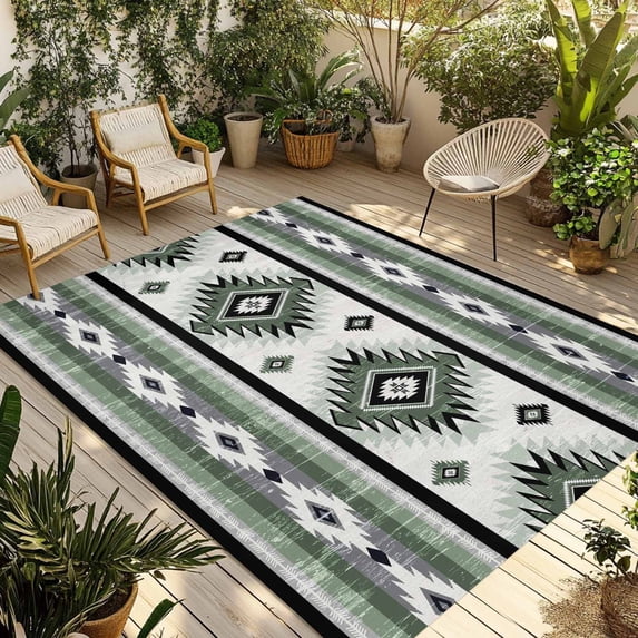 Sage Green Boho Outdoor Rug 6x9 Ft - Reversible Patio Rug Outdoor Camping Rugs, Southwestern Ethnic Aztec Retro Geometric Indoor Outdoor Area Rugs, Non-Slip Outdoor Carpet Runner for Deck/Porch